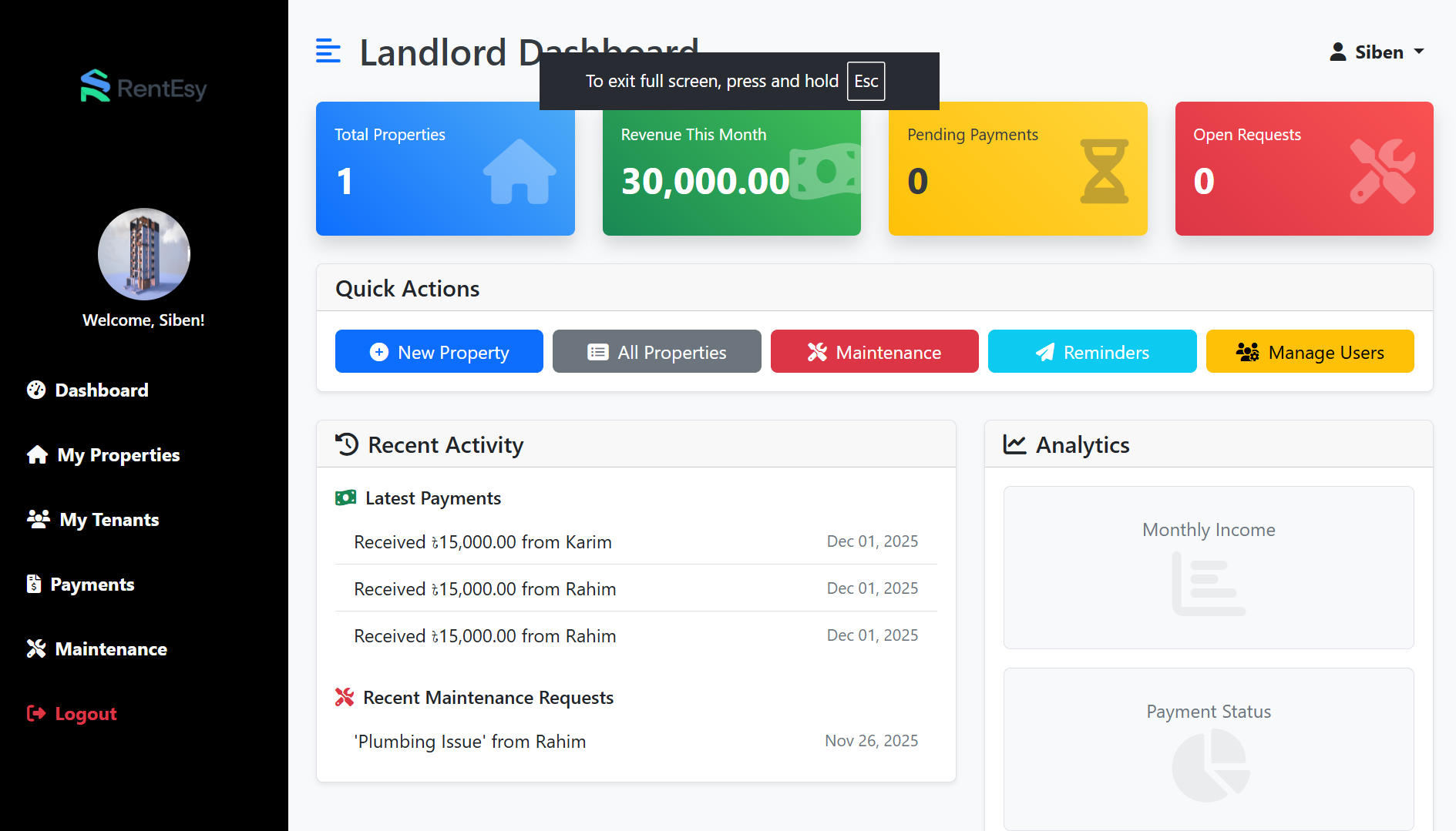 RentEsy rental property management dashboard
